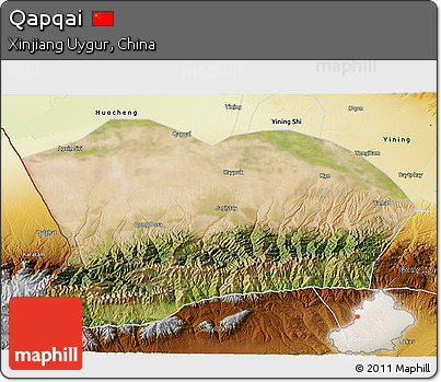 Satellite 3D Map of Qapqai, physical outside