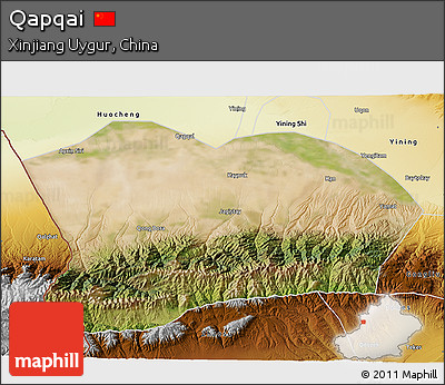 Satellite 3D Map of Qapqai, physical outside