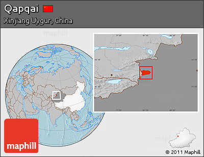 Gray Location Map of Qapqai, highlighted country, highlighted parent region, hill shading