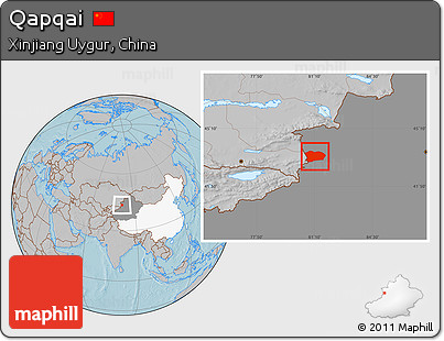 Gray Location Map of Qapqai, highlighted country, highlighted parent region, hill shading