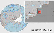Gray Location Map of Qapqai, highlighted country, highlighted parent region, hill shading