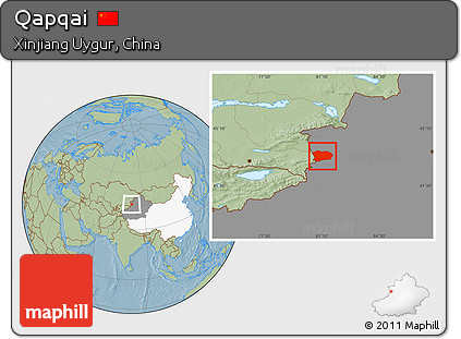 Savanna Style Location Map of Qapqai, highlighted country, highlighted parent region, hill shading