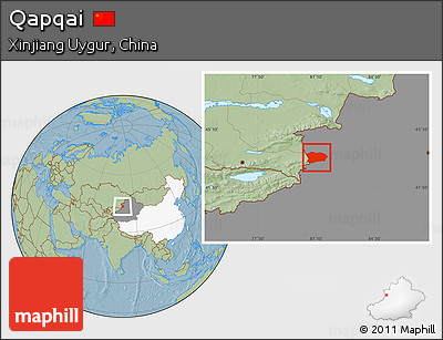 Savanna Style Location Map of Qapqai, highlighted country, highlighted parent region, hill shading