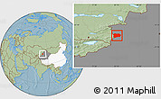 Savanna Style Location Map of Qapqai, highlighted country, highlighted parent region, hill shading
