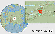 Savanna Style Location Map of Qapqai, hill shading