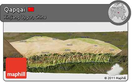 Satellite Panoramic Map of Qapqai, darken