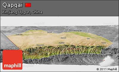 Satellite Panoramic Map of Qapqai, desaturated