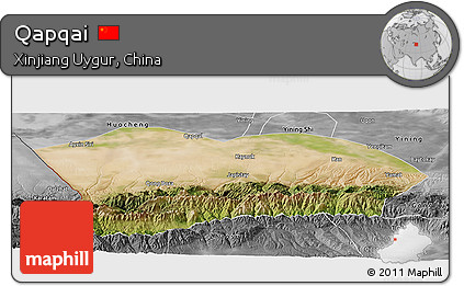 Satellite Panoramic Map of Qapqai, desaturated