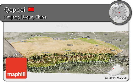 Satellite Panoramic Map of Qapqai, semi-desaturated