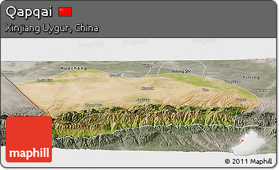 Satellite Panoramic Map of Qapqai, semi-desaturated