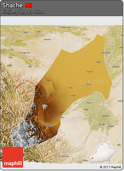 Physical 3D Map of Shache, satellite outside