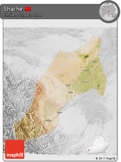 Satellite 3D Map of Shache, lighten, desaturated