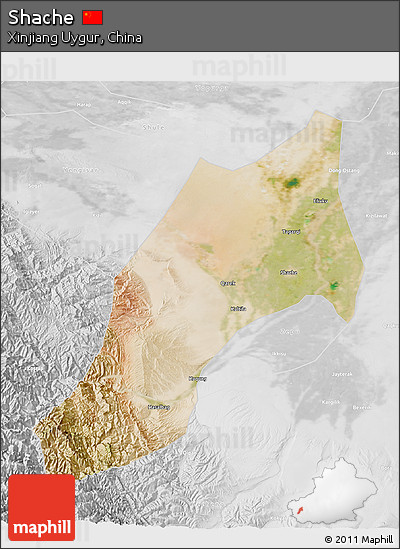 Satellite 3D Map of Shache, lighten, desaturated