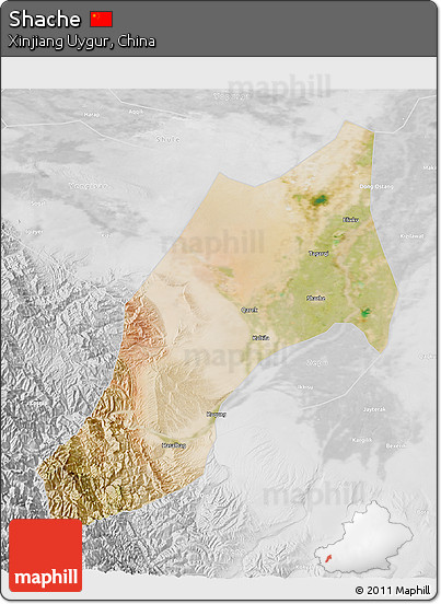 Satellite 3D Map of Shache, lighten, desaturated