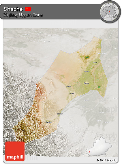 Satellite 3D Map of Shache, lighten, semi-desaturated