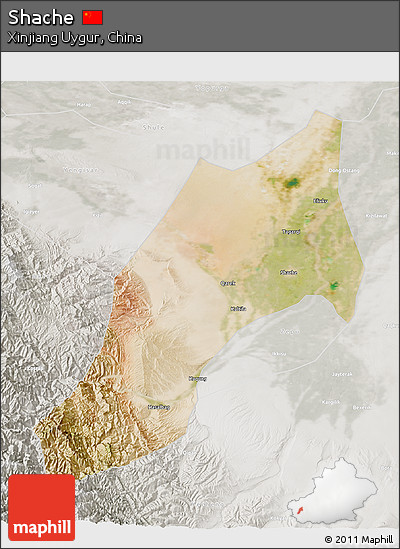 Satellite 3D Map of Shache, lighten, semi-desaturated