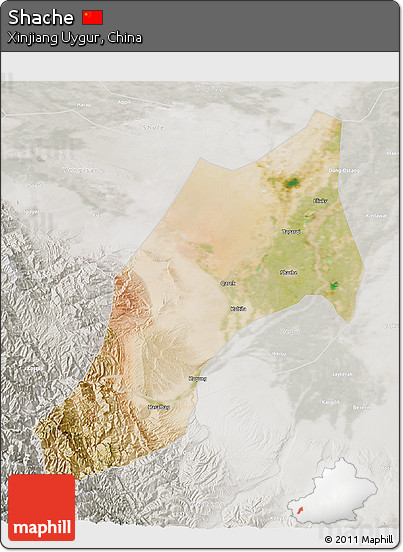 Satellite 3D Map of Shache, lighten, semi-desaturated