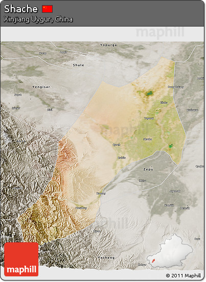 Satellite 3D Map of Shache, semi-desaturated