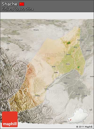 Satellite 3D Map of Shache, semi-desaturated