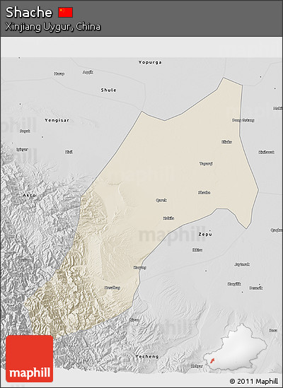 Shaded Relief 3D Map of Shache, desaturated