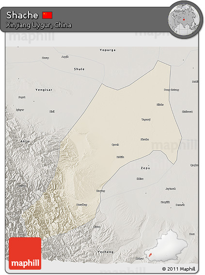 Shaded Relief 3D Map of Shache, semi-desaturated