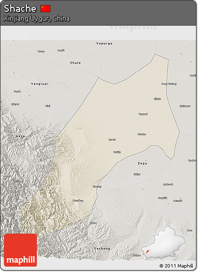 Shaded Relief 3D Map of Shache, semi-desaturated