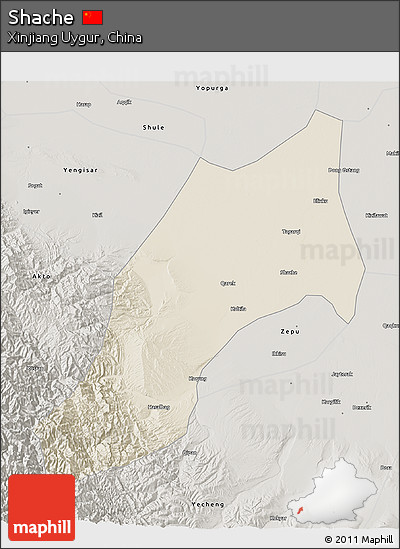 Shaded Relief 3D Map of Shache, semi-desaturated