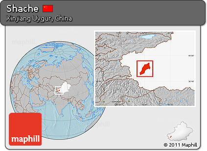Gray Location Map of Shache, highlighted parent region, hill shading
