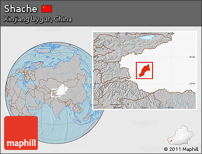Gray Location Map of Shache, highlighted parent region, hill shading