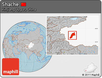 Gray Location Map of Shache, highlighted parent region, hill shading