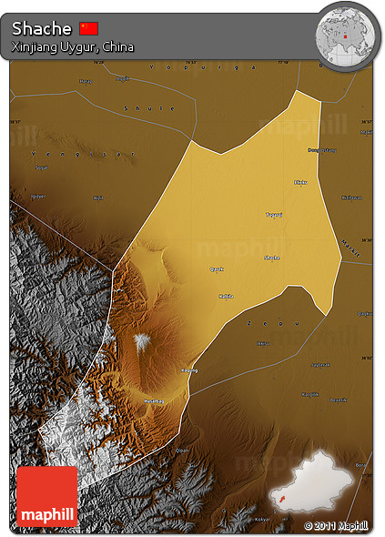 Physical Map of Shache, darken