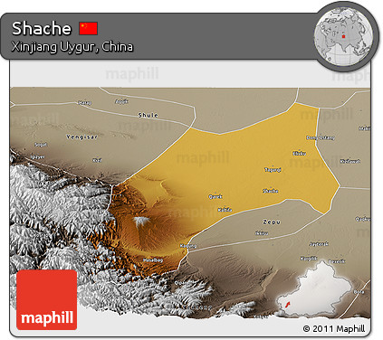 Physical Panoramic Map of Shache, semi-desaturated
