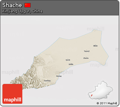 Shaded Relief Panoramic Map of Shache, single color outside