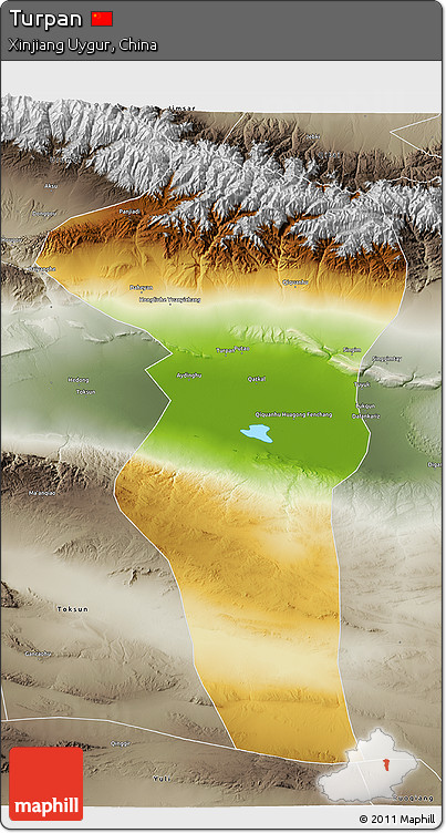 Physical 3D Map of Turpan, semi-desaturated