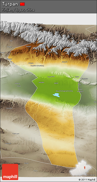 Physical 3D Map of Turpan, semi-desaturated