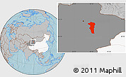 Gray Location Map of Turpan, highlighted country, highlighted parent region, hill shading