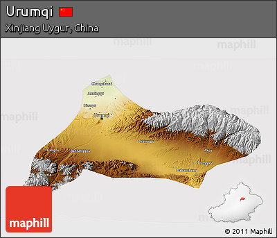 Physical 3D Map of Urumqi, cropped outside