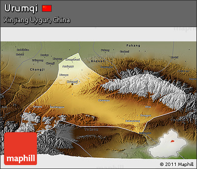 Physical 3D Map of Urumqi, darken