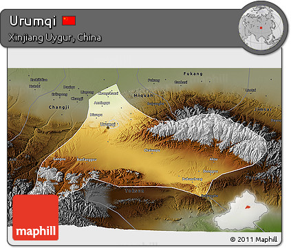 Physical 3D Map of Urumqi, darken
