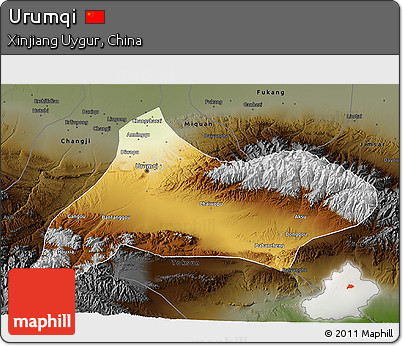 Physical 3D Map of Urumqi, darken