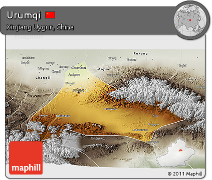 Physical 3D Map of Urumqi, semi-desaturated