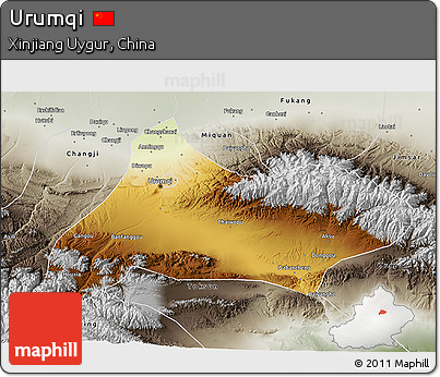 Physical 3D Map of Urumqi, semi-desaturated