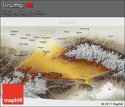 Physical 3D Map of Urumqi, semi-desaturated