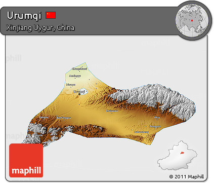 Physical 3D Map of Urumqi, single color outside