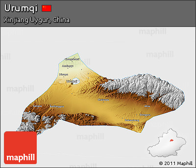 Physical 3D Map of Urumqi, single color outside