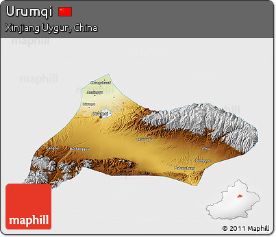 Physical 3D Map of Urumqi, single color outside