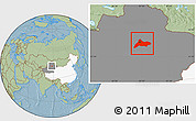 Savanna Style Location Map of Urumqi, highlighted country, highlighted parent region, hill shading