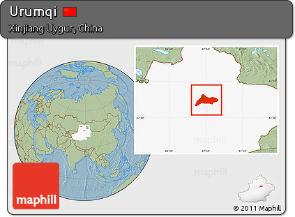 Savanna Style Location Map of Urumqi, highlighted parent region, hill shading