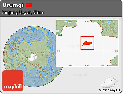 Savanna Style Location Map of Urumqi, highlighted parent region, hill shading
