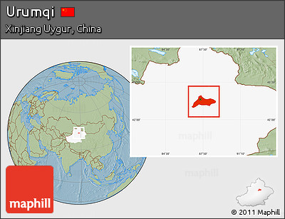 Savanna Style Location Map of Urumqi, highlighted parent region, hill shading